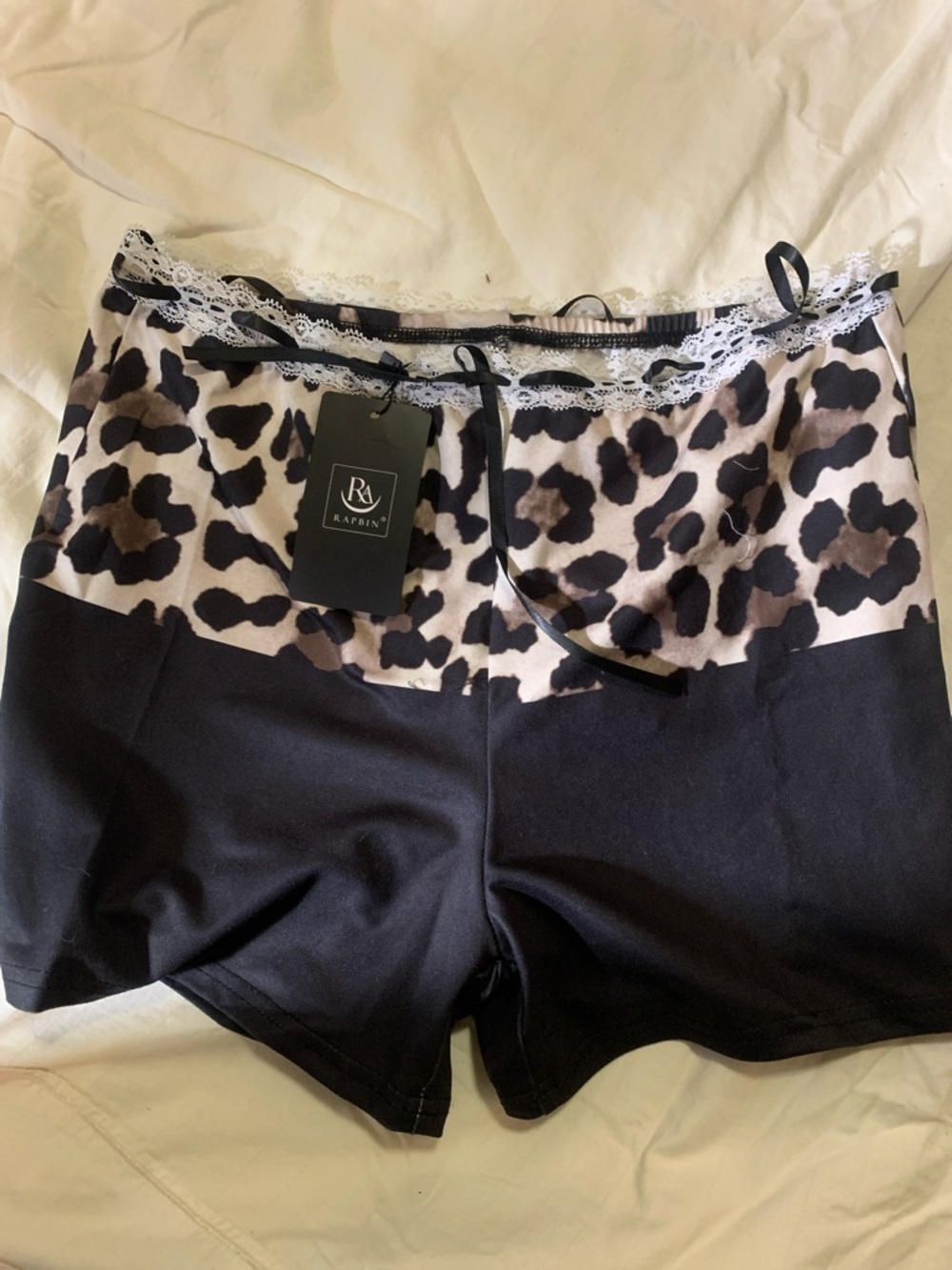 Black & Leopard Print Lace-Trim Pajama Shorts
